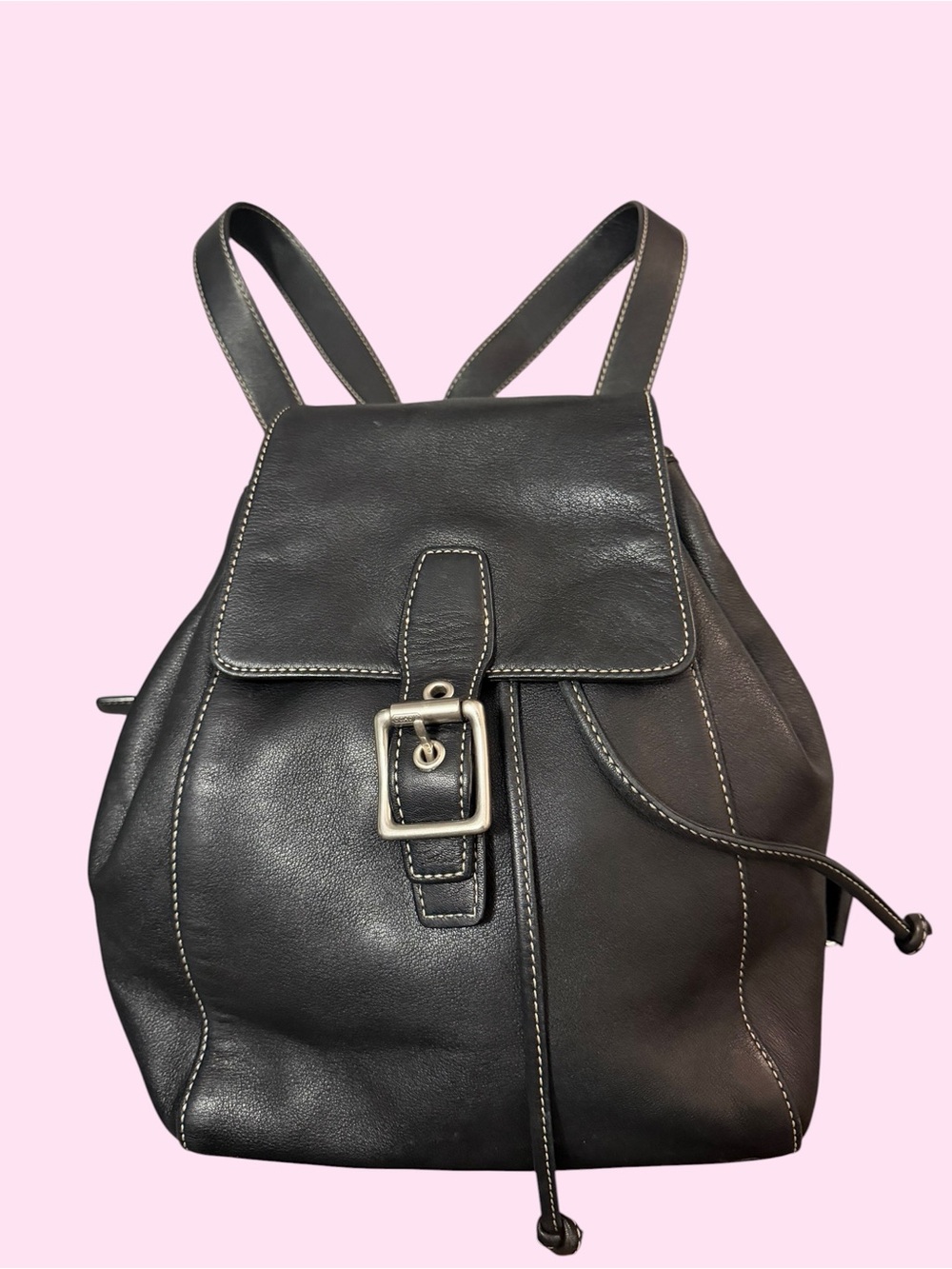Coach Black Leather Drawstring Backpack with Silver Buckle